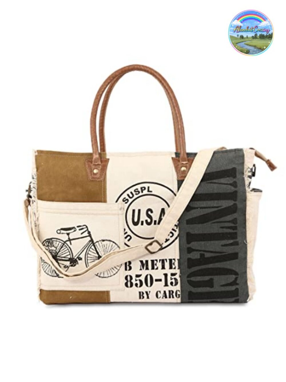 Upcycled Canvas Leather Satchel Shoulder Bag Crossbody Tote